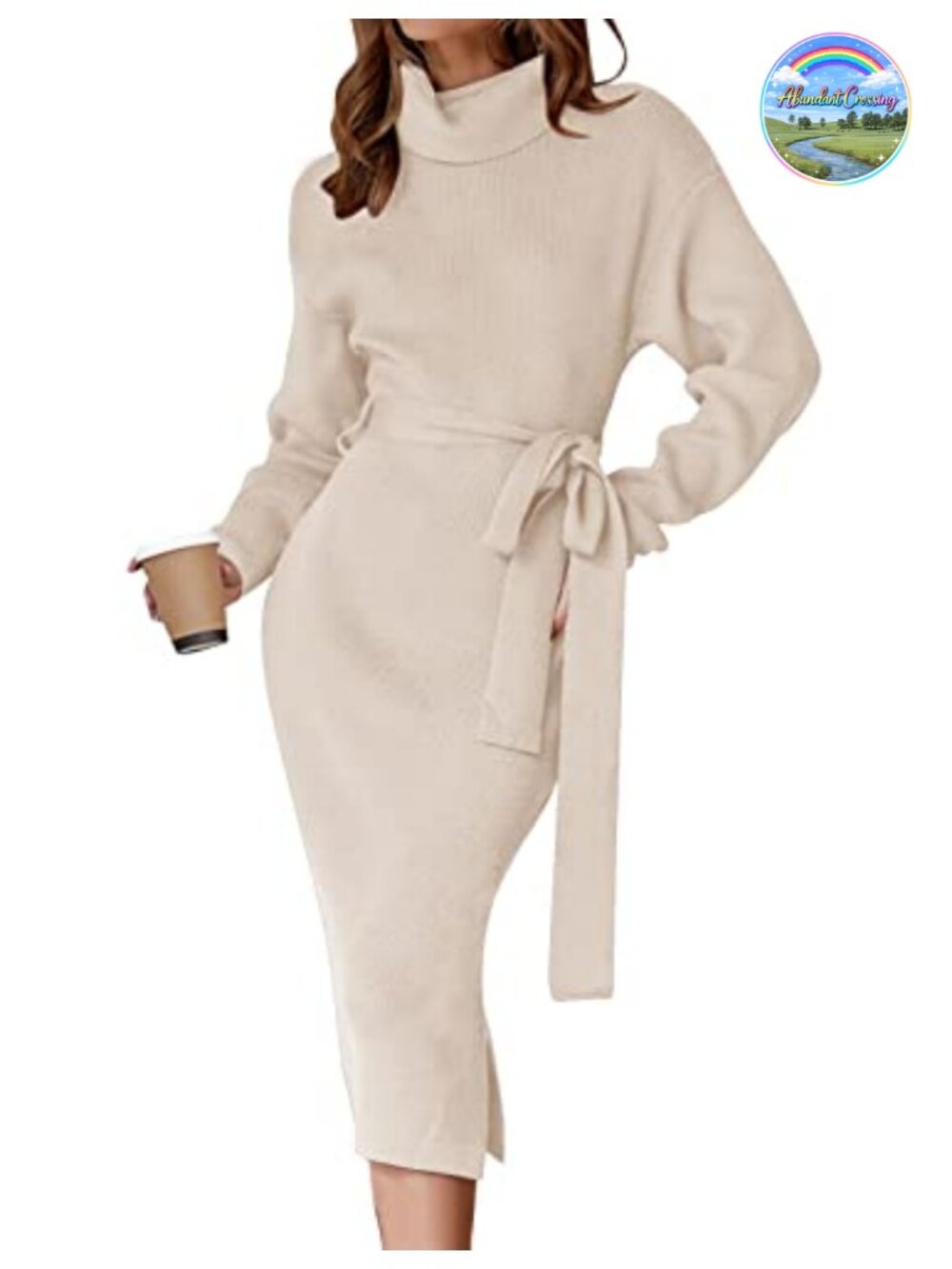 Turtleneck Long Sleeve Bodycon Midi Sweater Dress Ribbed Knit Belted